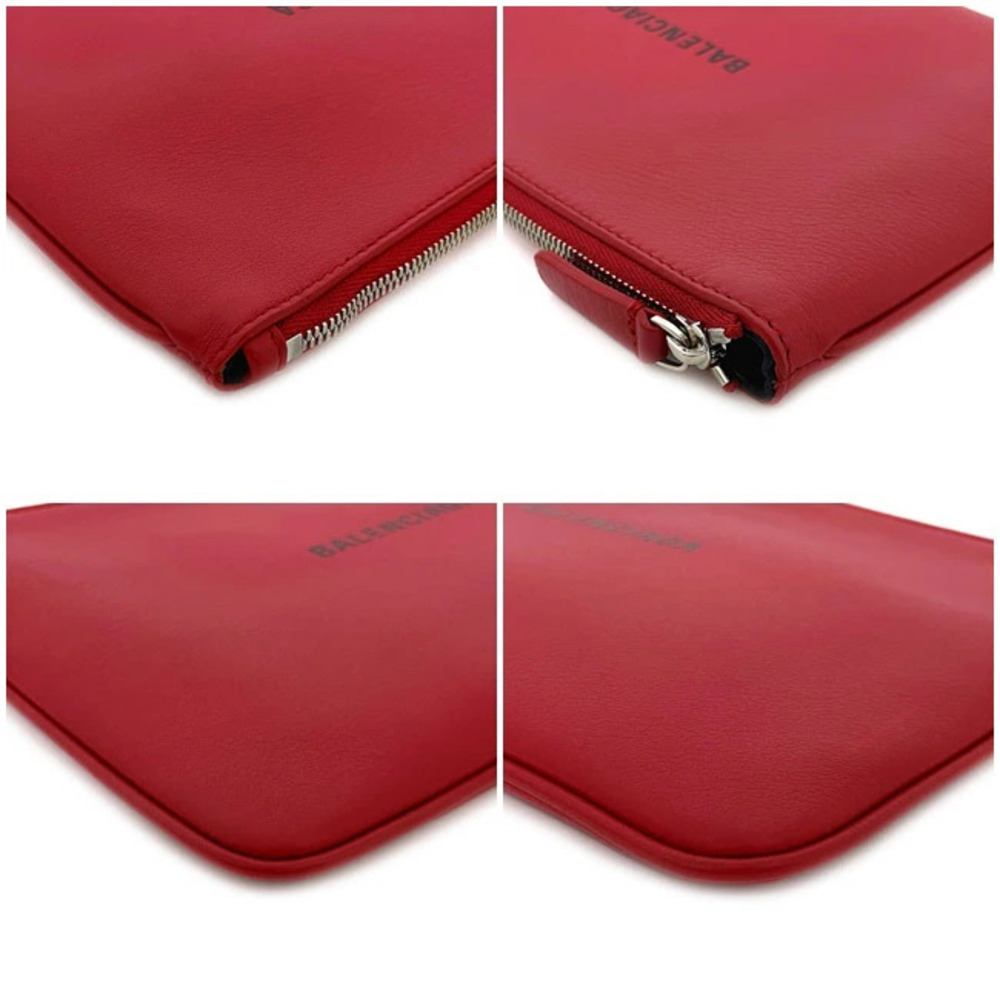 Balenciaga Clutch Red Black Leather Clutch Bag Zipper Logo One Point - Picture 8 of 10